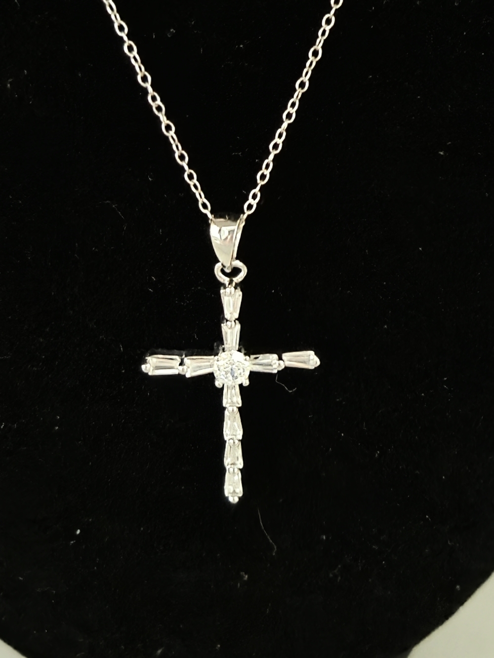 Silver Cross Pendant Necklace - With Sparkling Clear Stone